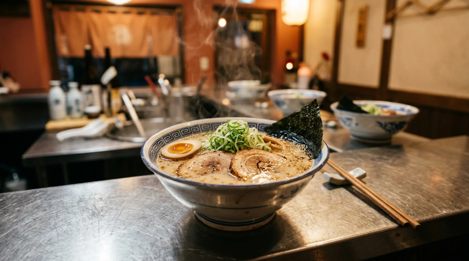 A bowl of tonkotsu ramen on the pass